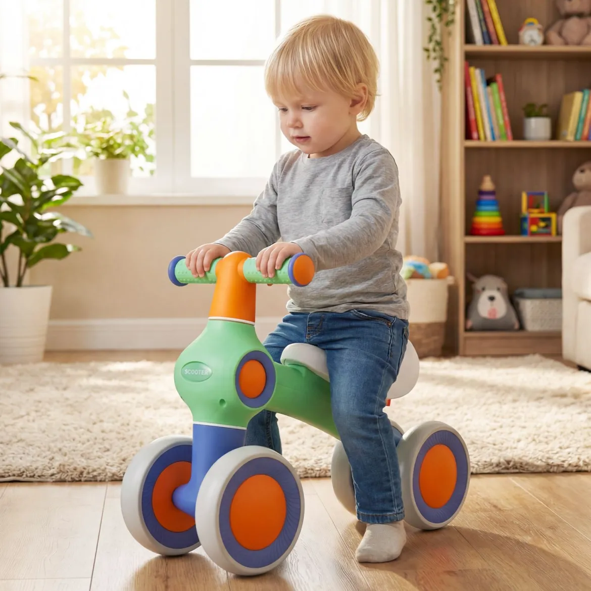 Baby Laufrad mit Verstellbarem Weichem Sitz & 4 Geräuschlose Räder ohne Pedale Grün