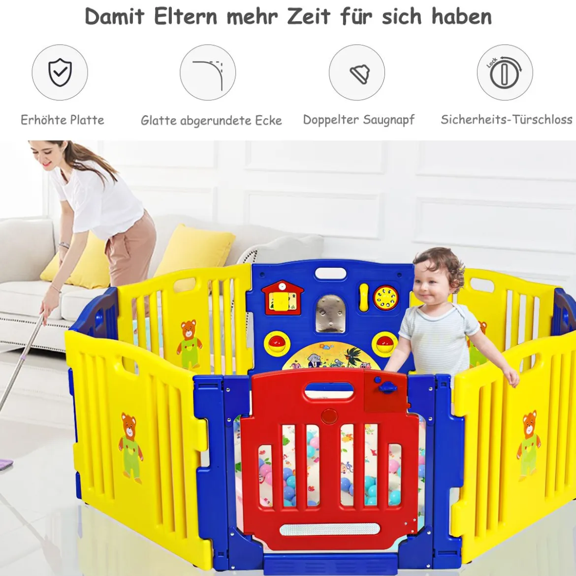 Baby-Laufstall für Kinder 8 Paneele Laufgitter Baby Laufstall mit Tür 188 x 63 cm Bunt