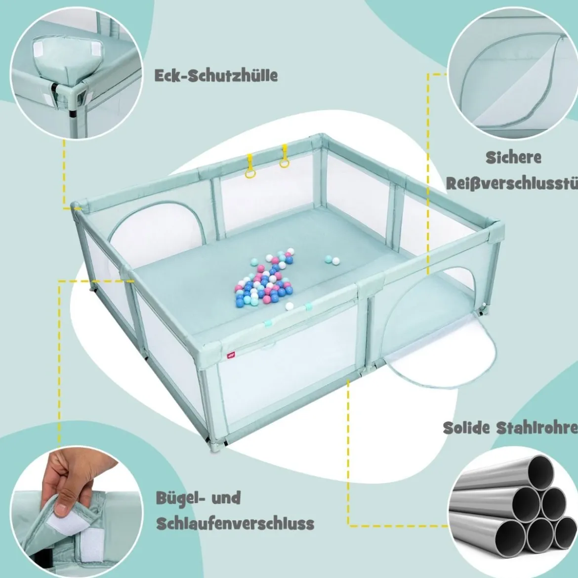 Baby-Laufstall für Kleinkinder mit 50 Spielbällen & Atmungsaktivem Netz Blau
