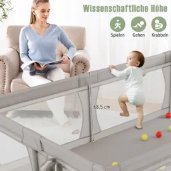 Baby Laufstall mit 50 Bällen & 2 Türen & Atmungsaktivem Netz & Reißverschluss Grau