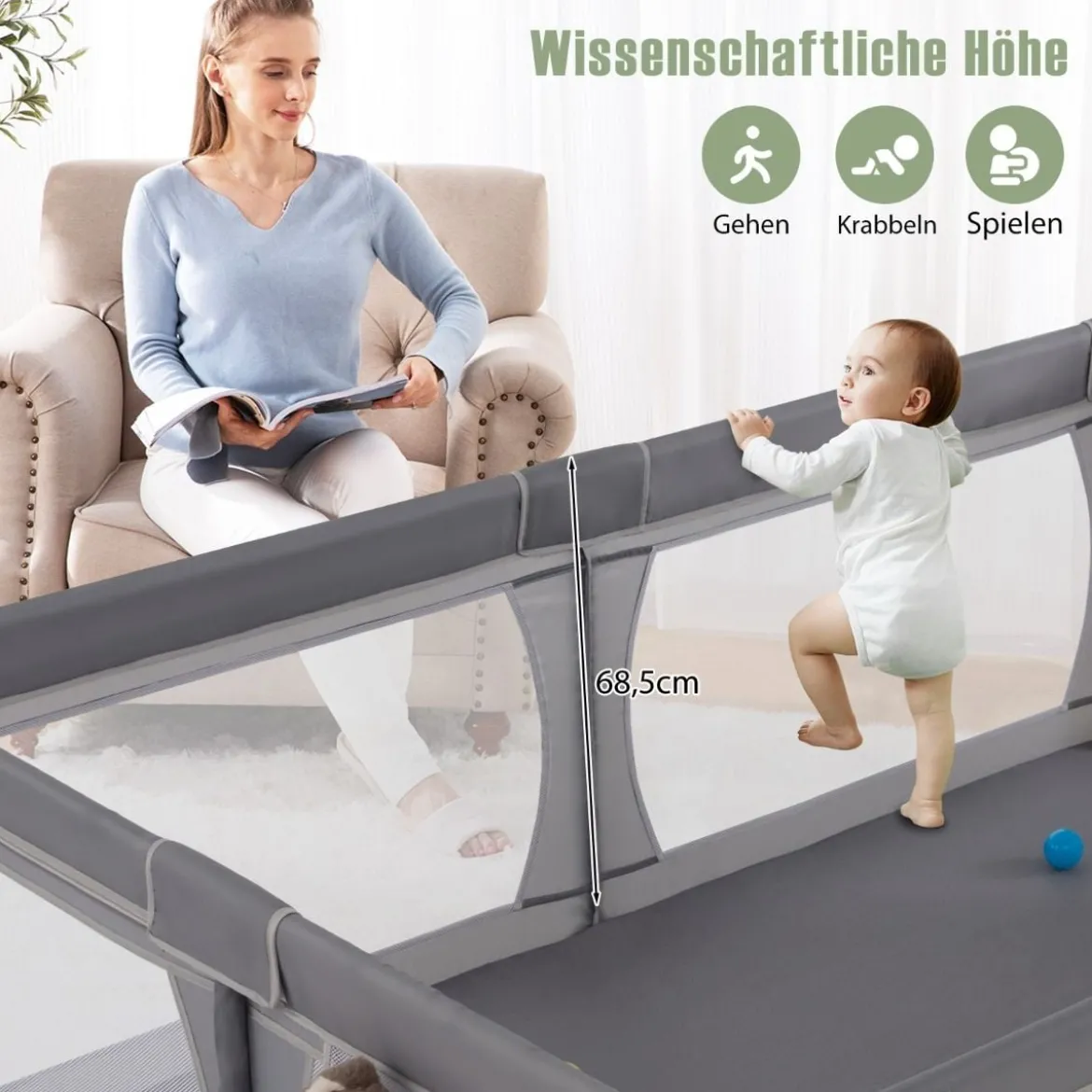 Baby Laufstall mit 50 Bällen & 2 Türen & Atmungsaktivem Netz Dunkelgrau