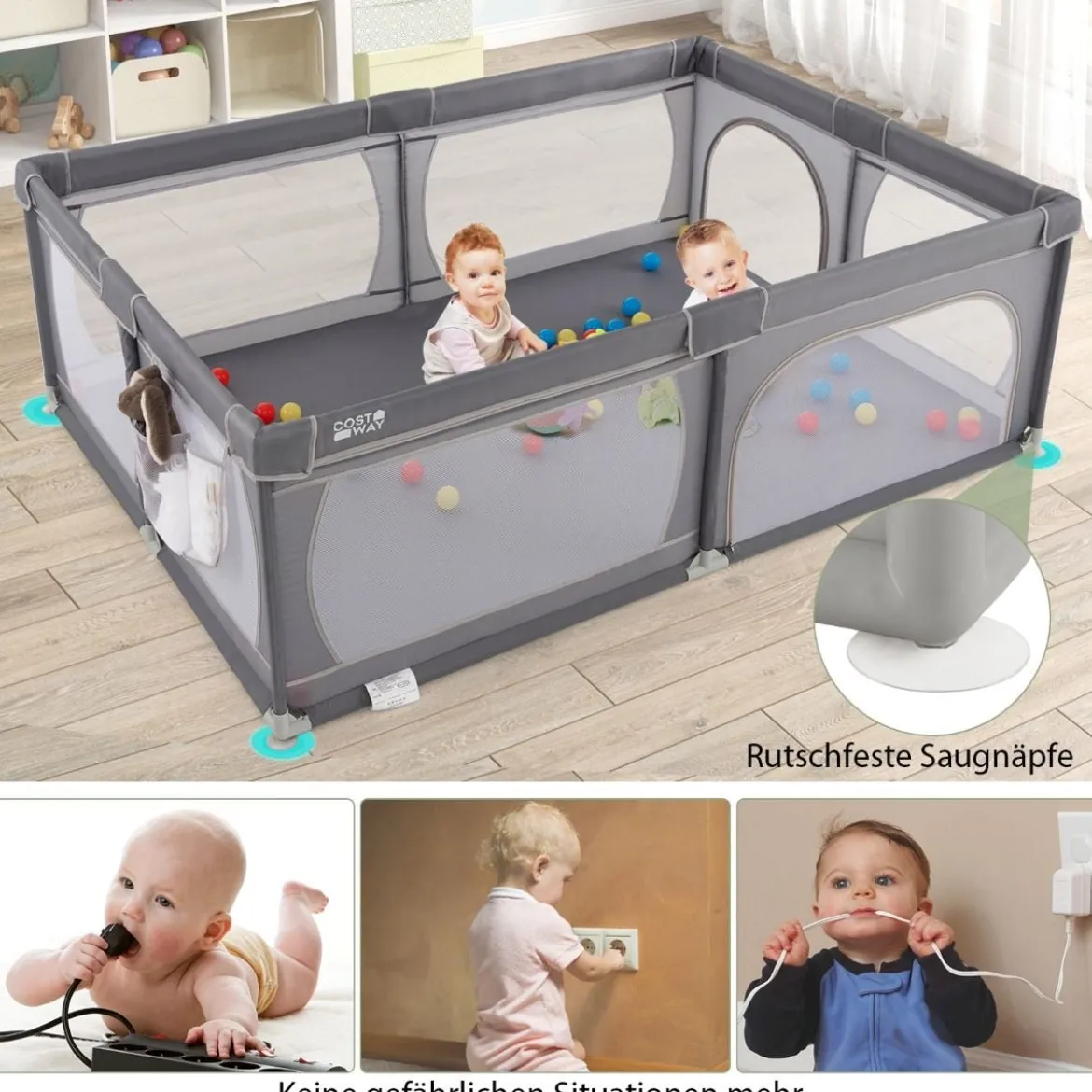 Baby Laufstall mit 50 Bällen & 2 Türen & Atmungsaktivem Netz Dunkelgrau