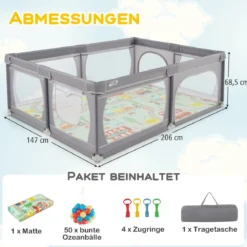 Baby Laufstall mit 50 Bällen & 2 Türen & Atmungsaktivem Netz & Reißverschluss