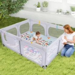 Baby Laufstall mit Matratze & 50 Spielbällen & 4 Zugringen & 4 Reißverschlusstür Hellgrau