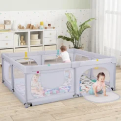 Baby Laufstall mit Matratze & 50 Spielbällen & 4 Zugringen & 4 Reißverschlusstür Hellgrau