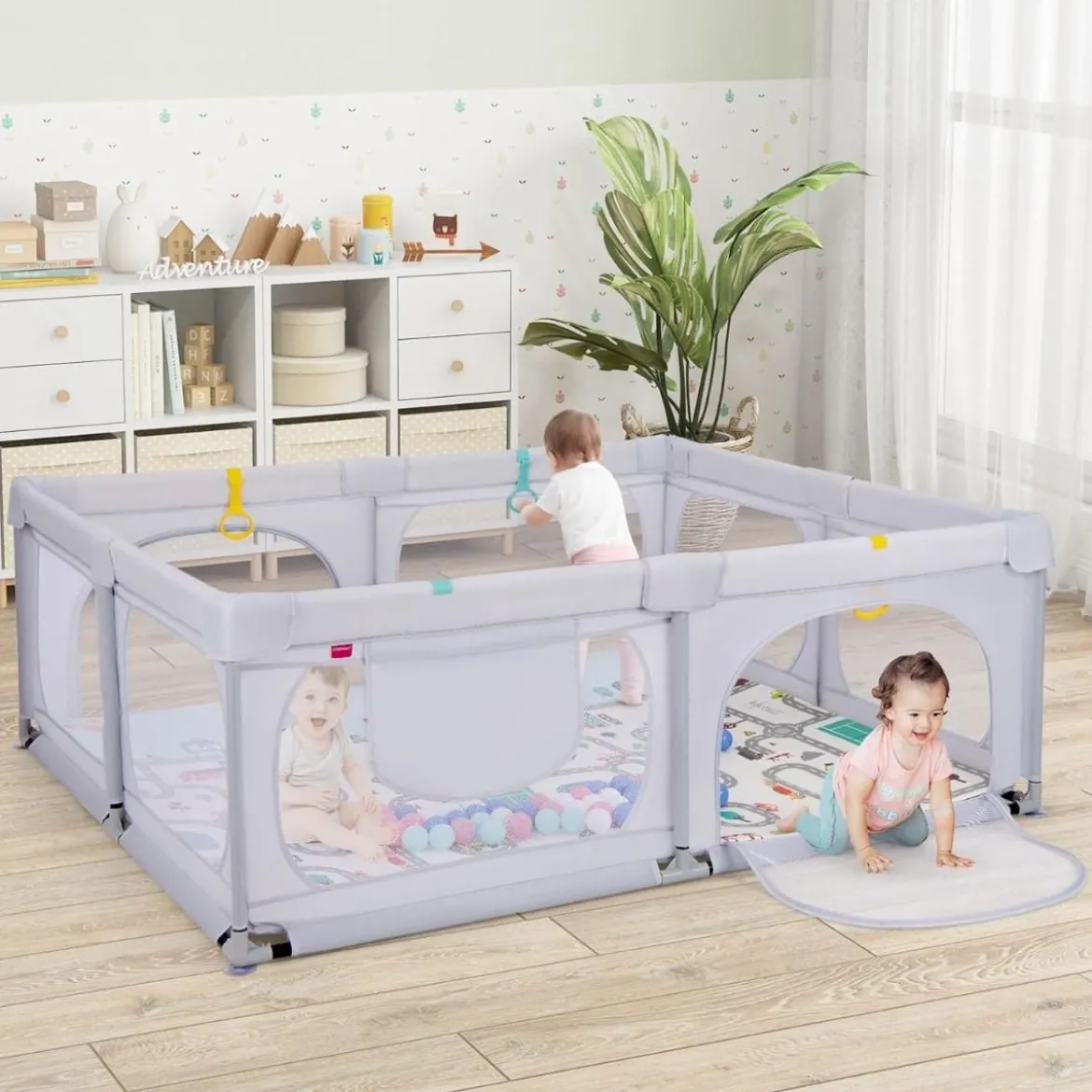 Baby Laufstall mit Matratze & 50 Spielbällen & 4 Zugringen & 4 Reißverschlusstür Hellgrau