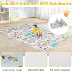 Baby Laufstall mit Matratze & 50 Spielbällen & 4 Zugringen & 4 Reißverschlusstür Hellgrau