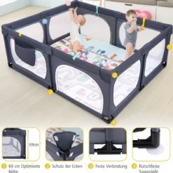 Baby Laufstall mit Matratze & 50 Spielbällen & 4 Zugringen & 4 Reißverschlusstür Dunkelgrau