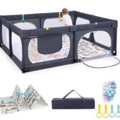 Baby Laufstall mit Matratze & 50 Spielbällen & 4 Zugringen & 4 Reißverschlusstür Dunkelgrau