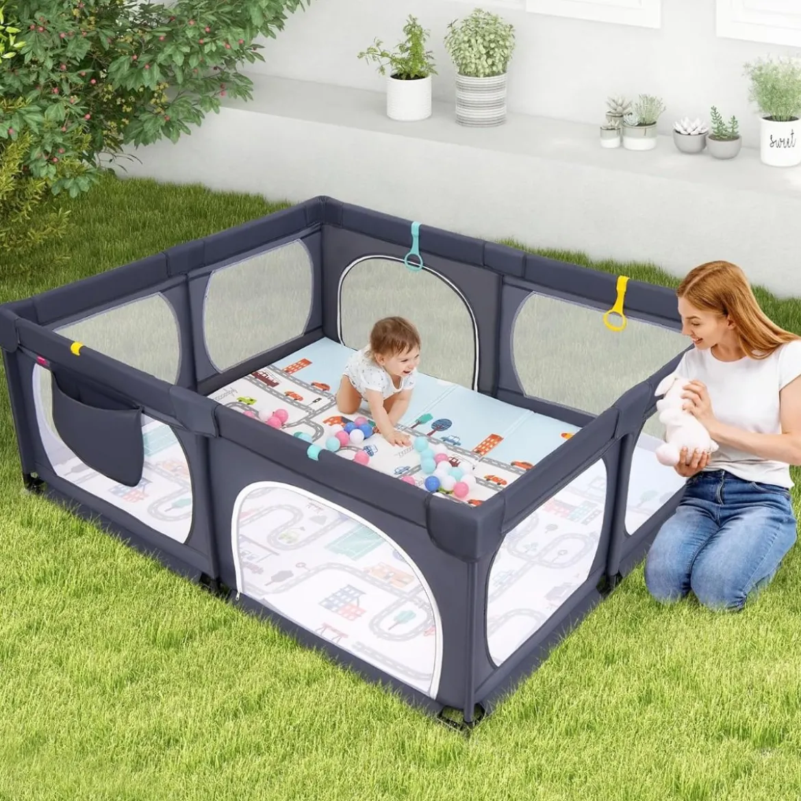 Baby Laufstall mit Matratze & 50 Spielbällen & 4 Zugringen & 4 Reißverschlusstür Dunkelgrau
