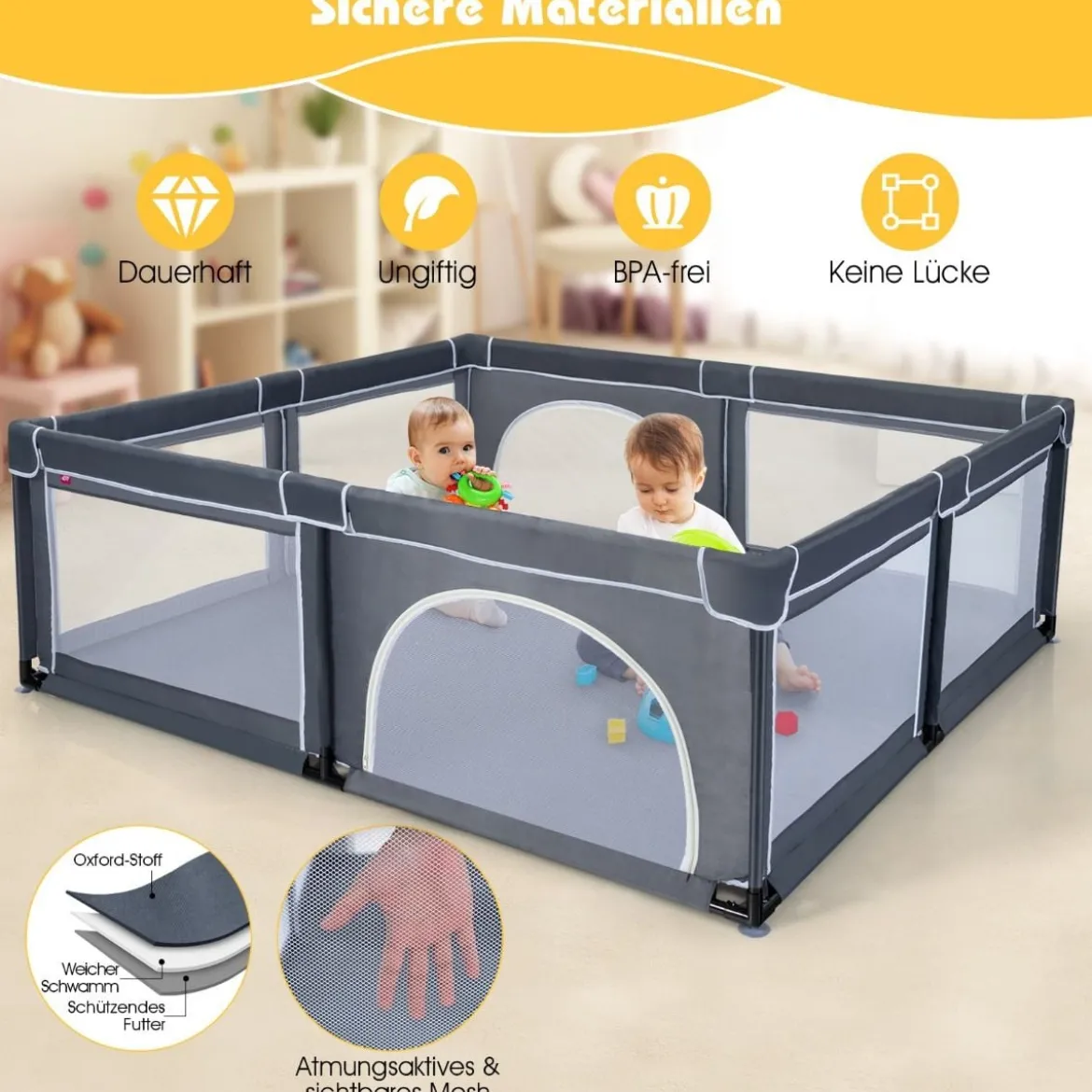 Baby Laufstall mit 50 Spielbällen Laufgitter mit Reißverschluss Dunkelgrau