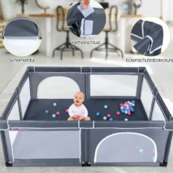 Baby Laufstall mit 50 Spielbällen Laufgitter mit Reißverschluss Dunkelgrau