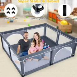 Baby Laufstall mit 50 Spielbällen Laufgitter mit Reißverschluss Dunkelgrau