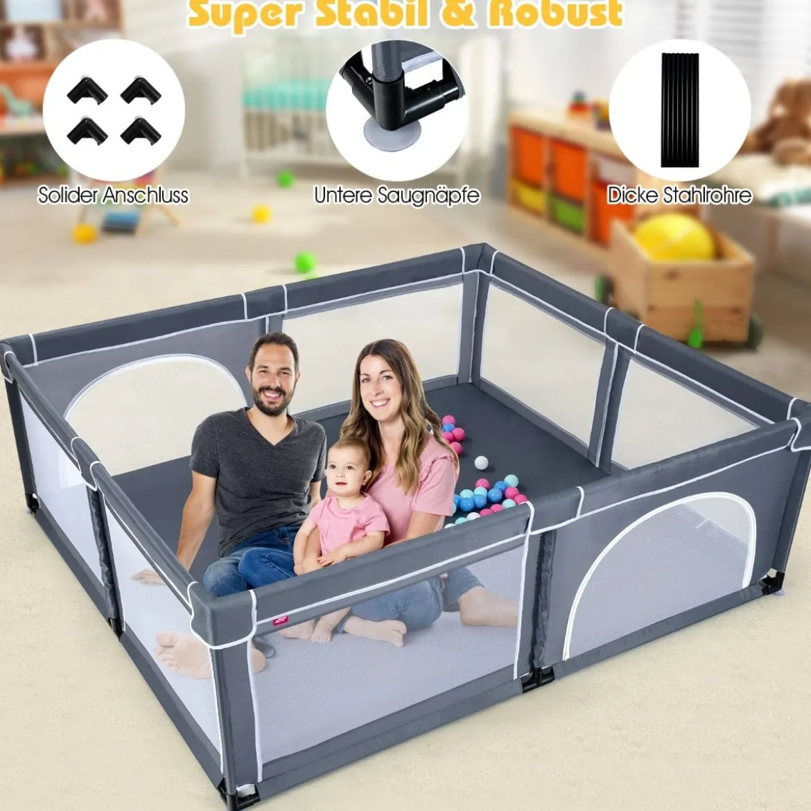 Baby Laufstall mit 50 Spielbällen Laufgitter mit Reißverschluss Dunkelgrau