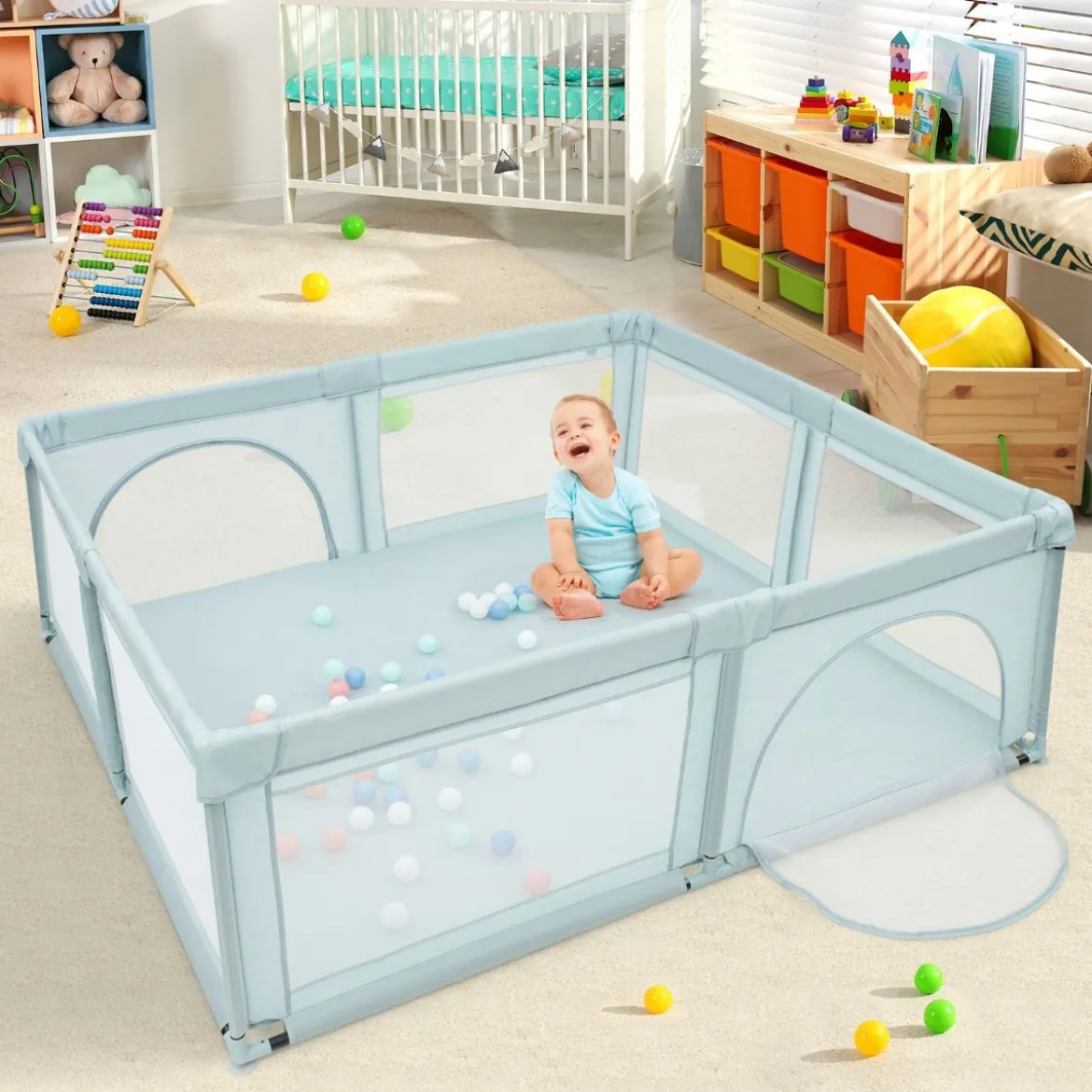 Baby Laufstall mit 50 Spielbällen Laufgitter mit Atmungsaktivem Netz Blau