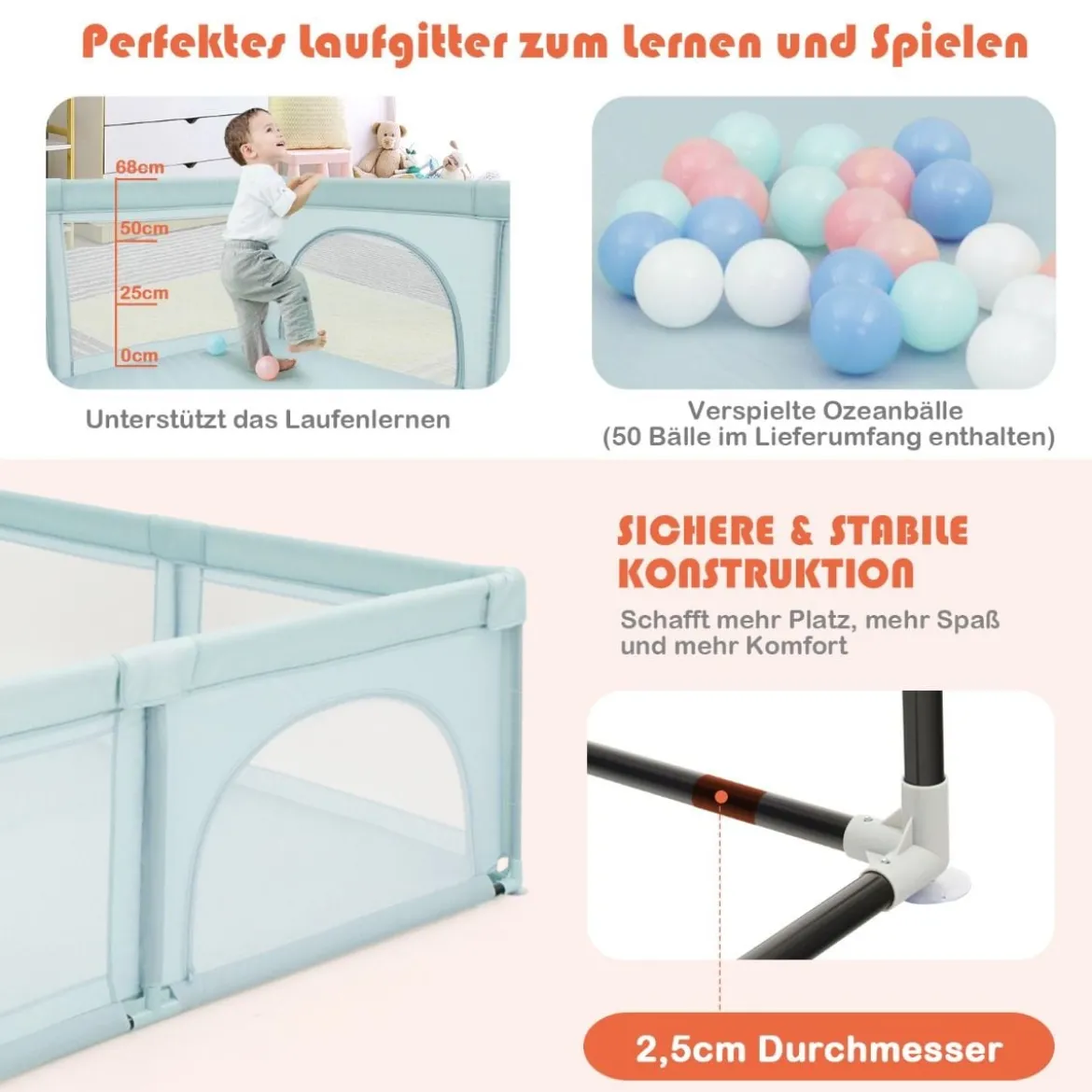Baby Laufstall mit 50 Spielbällen Laufgitter mit Atmungsaktivem Netz Blau