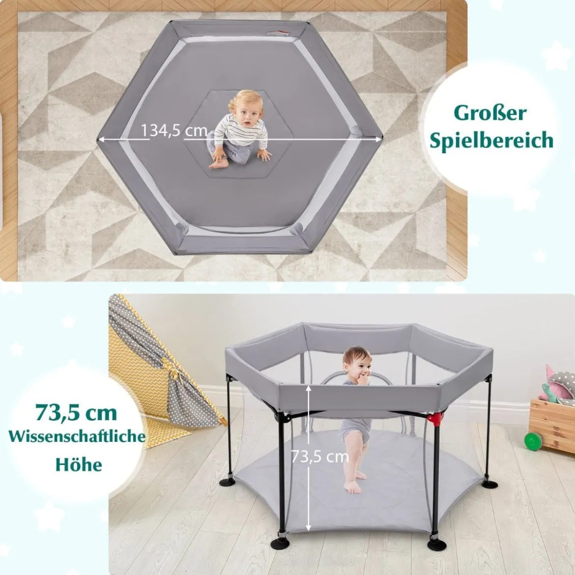 Baby-Laufstall Sechseckiger Faltbarer Laufstall mit Abnehmbarem Baldachin Grau