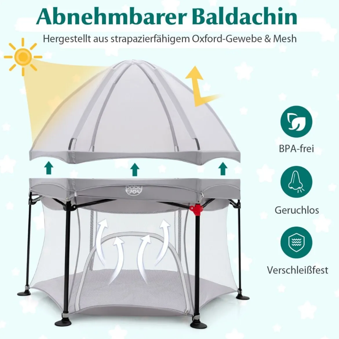Baby-Laufstall Sechseckiger Faltbarer Laufstall mit Abnehmbarem Baldachin Grau