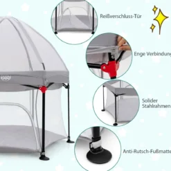 Baby-Laufstall Sechseckiger Faltbarer Laufstall mit Abnehmbarem Baldachin Grau