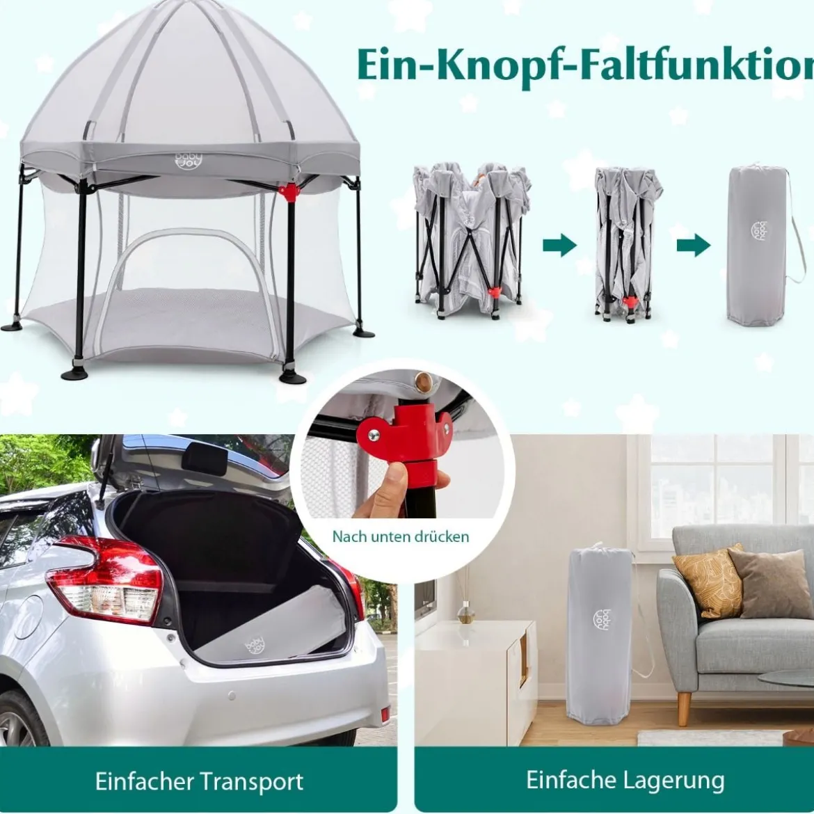 Baby-Laufstall Sechseckiger Faltbarer Laufstall mit Abnehmbarem Baldachin Grau