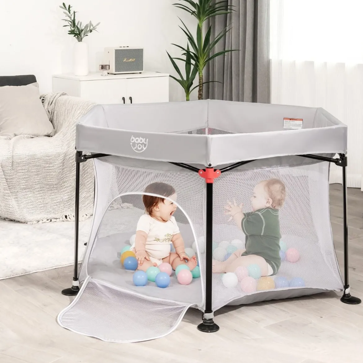 Baby-Laufstall Sechseckiger Faltbarer Laufstall mit Abnehmbarem Baldachin Grau