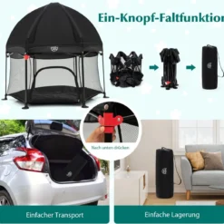 Baby-Laufstall Sechseckiger Faltbarer Laufstall mit Abnehmbarem Baldachin Schwarz