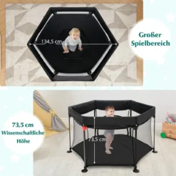 Baby-Laufstall Sechseckiger Faltbarer Laufstall mit Abnehmbarem Baldachin Schwarz