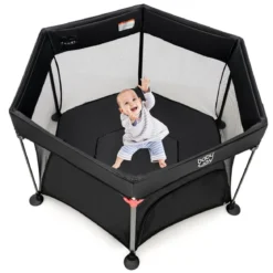 Baby-Laufstall Sechseckiger Faltbarer Laufstall mit Abnehmbarem Baldachin Schwarz