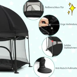 Baby-Laufstall Sechseckiger Faltbarer Laufstall mit Abnehmbarem Baldachin Schwarz