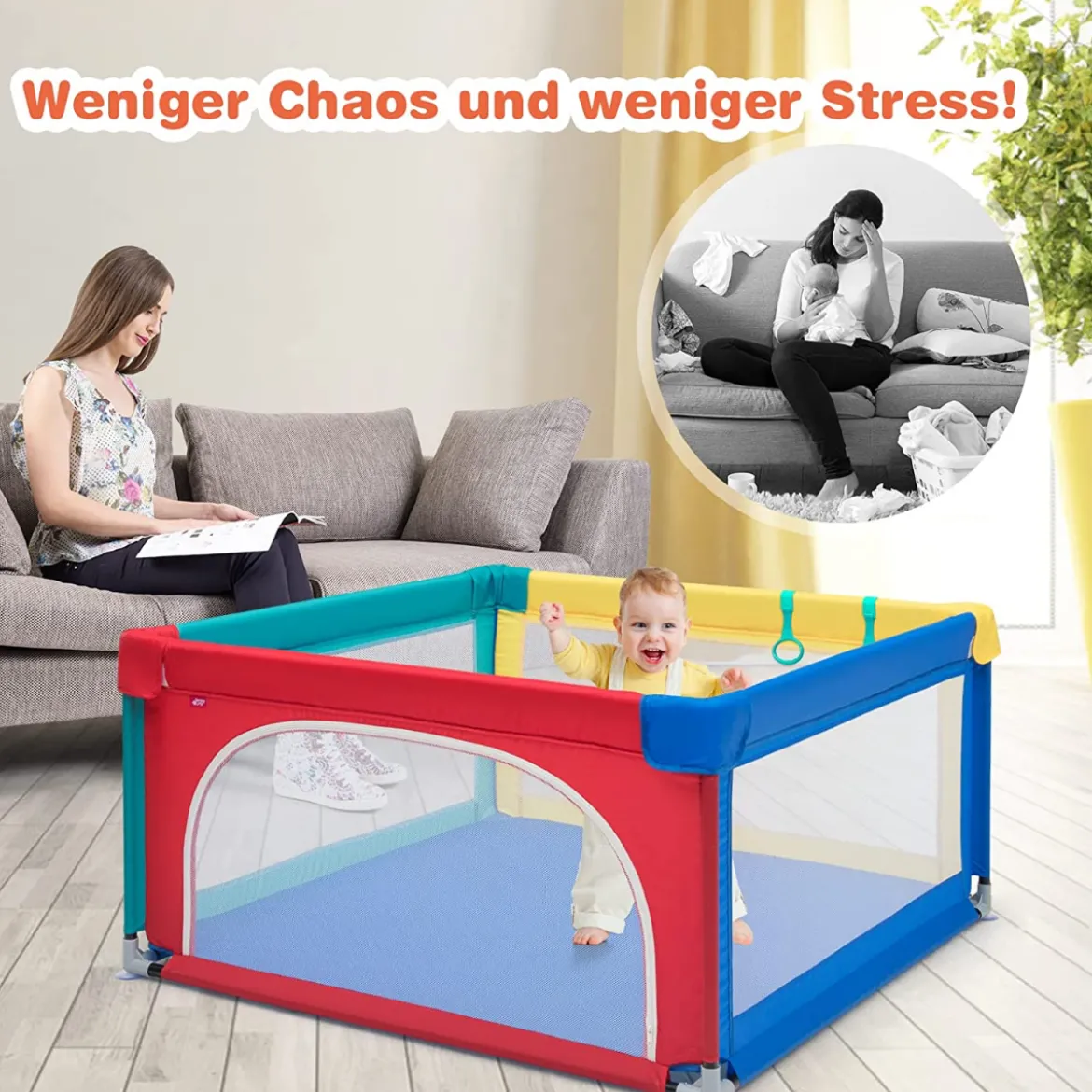 Baby-Laufstall Tragbarer Laufstall mit Sicherheitstoren 120 x 120 x 68 cm Bunt