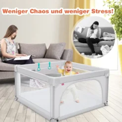 Baby-Laufstall Tragbarer Laufstall mit Sicherheitstoren 120 x 120 x 68 cm Grau