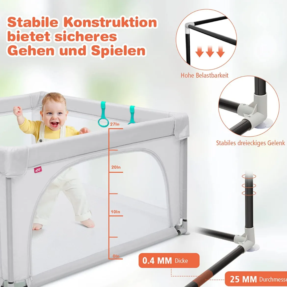 Baby-Laufstall Tragbarer Laufstall mit Sicherheitstoren 120 x 120 x 68 cm Grau