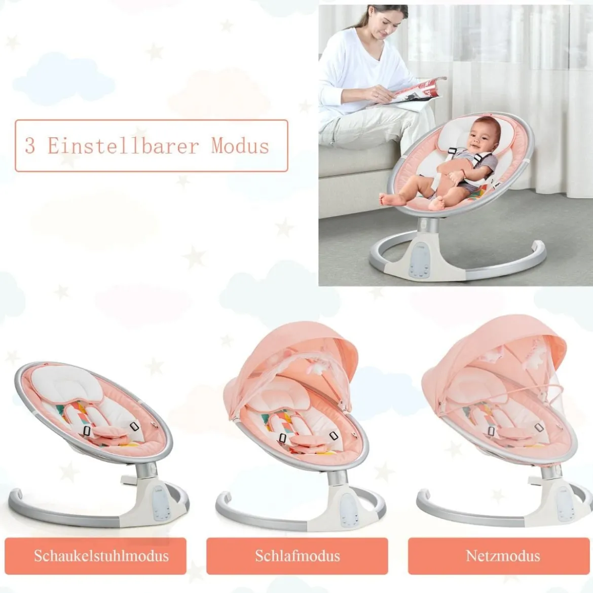 Babyschaukel 5-Fach Einstellbar Tragbare Babywippe mit Fernbedienung Rosa