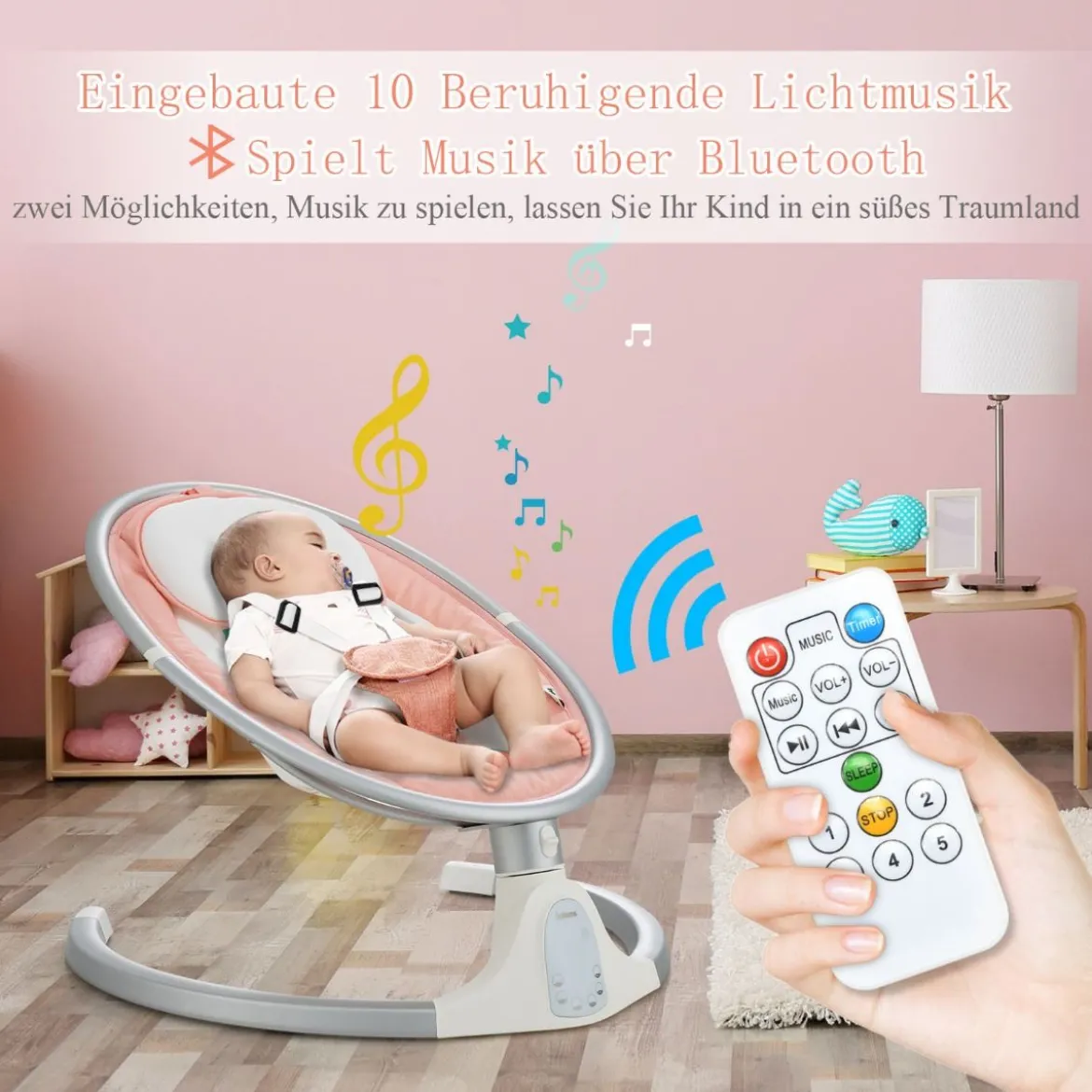 Babyschaukel 5-Fach Einstellbar Tragbare Babywippe mit Fernbedienung Rosa