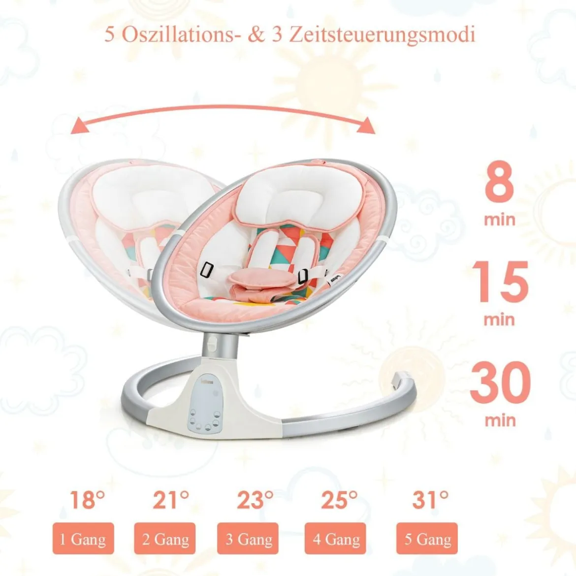 Babyschaukel 5-Fach Einstellbar Tragbare Babywippe mit Fernbedienung Rosa
