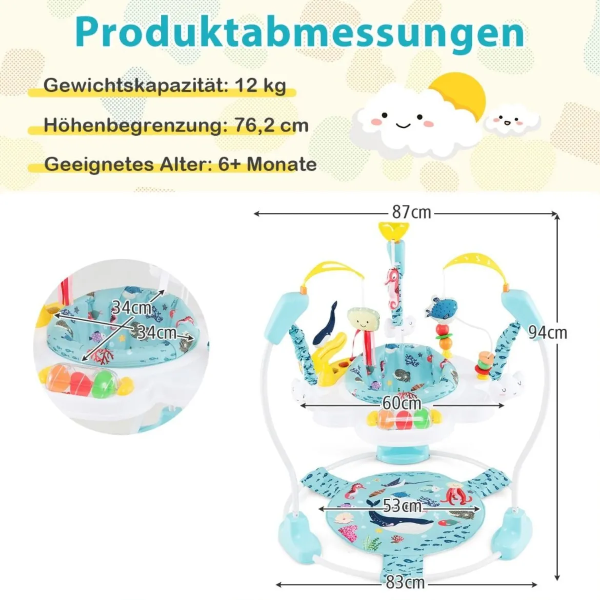 Baby Sky Jumperoo mit Verstellbaren Höhen & Spielzeuge & Spieluhr Lauflernhilfe