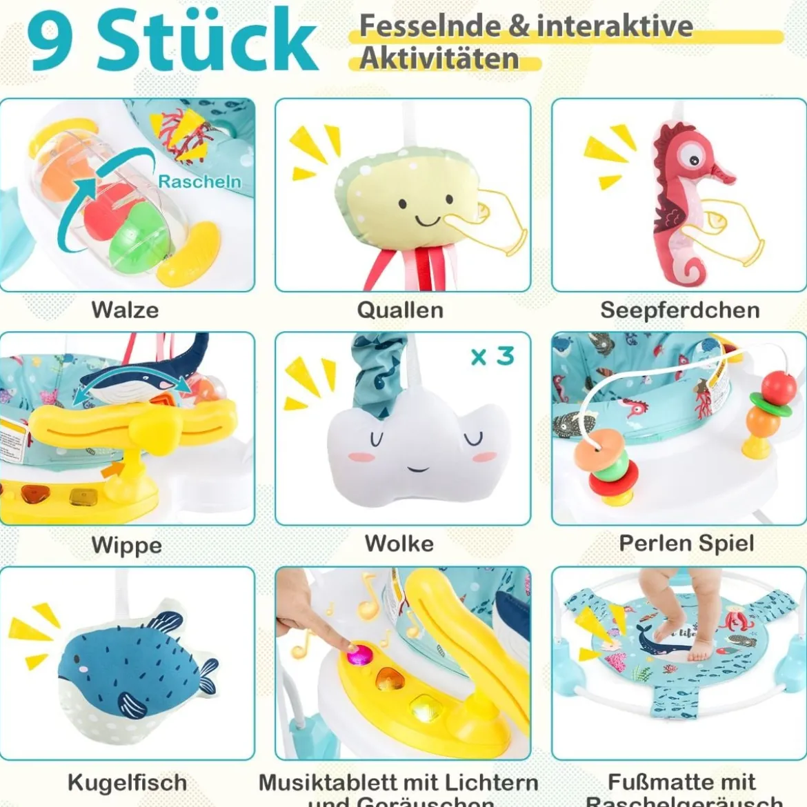 Baby Sky Jumperoo mit Verstellbaren Höhen & Spielzeuge & Spieluhr Lauflernhilfe