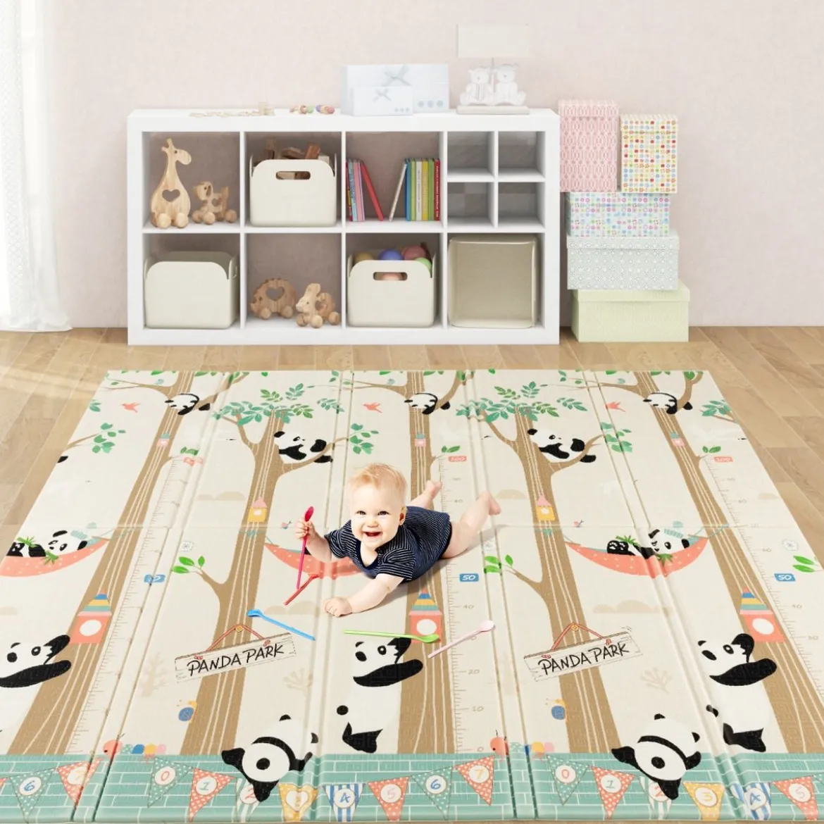 Baby Spielmatte faltbar Babymatte doppelseitig Krabbelmatte aus XPE Material Giraffe-Panda