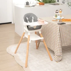 Babystuhl 6 in 1 Babyhochstuhl aus PP & Buchenholz 62 x 59 x 90 cm Weiß