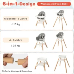 Babystuhl 6 in 1 Babyhochstuhl aus PP & Buchenholz 62 x 59 x 90 cm Weiß