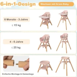 Babystuhl 6 in 1 Babyhochstuhl aus PP & Buchenholz 62 x 59 x 90 cm Rosa