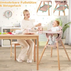 Babystuhl 6 in 1 Babyhochstuhl aus PP & Buchenholz 62 x 59 x 90 cm Rosa