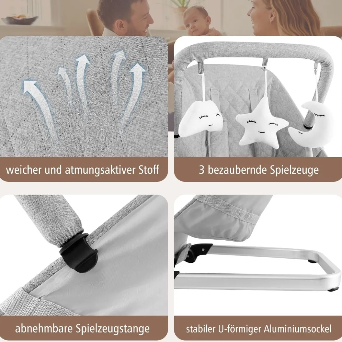 Babywippe klappbar Babyschaukel mit 5-Punkt-Sicherheitsgurt tragbarer Wippensitz Grau