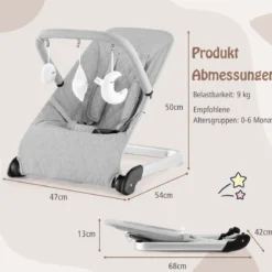 Babywippe klappbar Babyschaukel mit 5-Punkt-Sicherheitsgurt tragbarer Wippensitz Grau