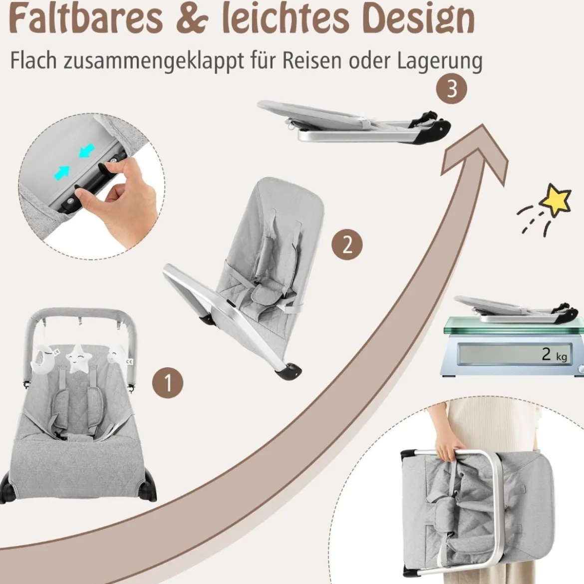 Babywippe klappbar Babyschaukel mit 5-Punkt-Sicherheitsgurt tragbarer Wippensitz Grau