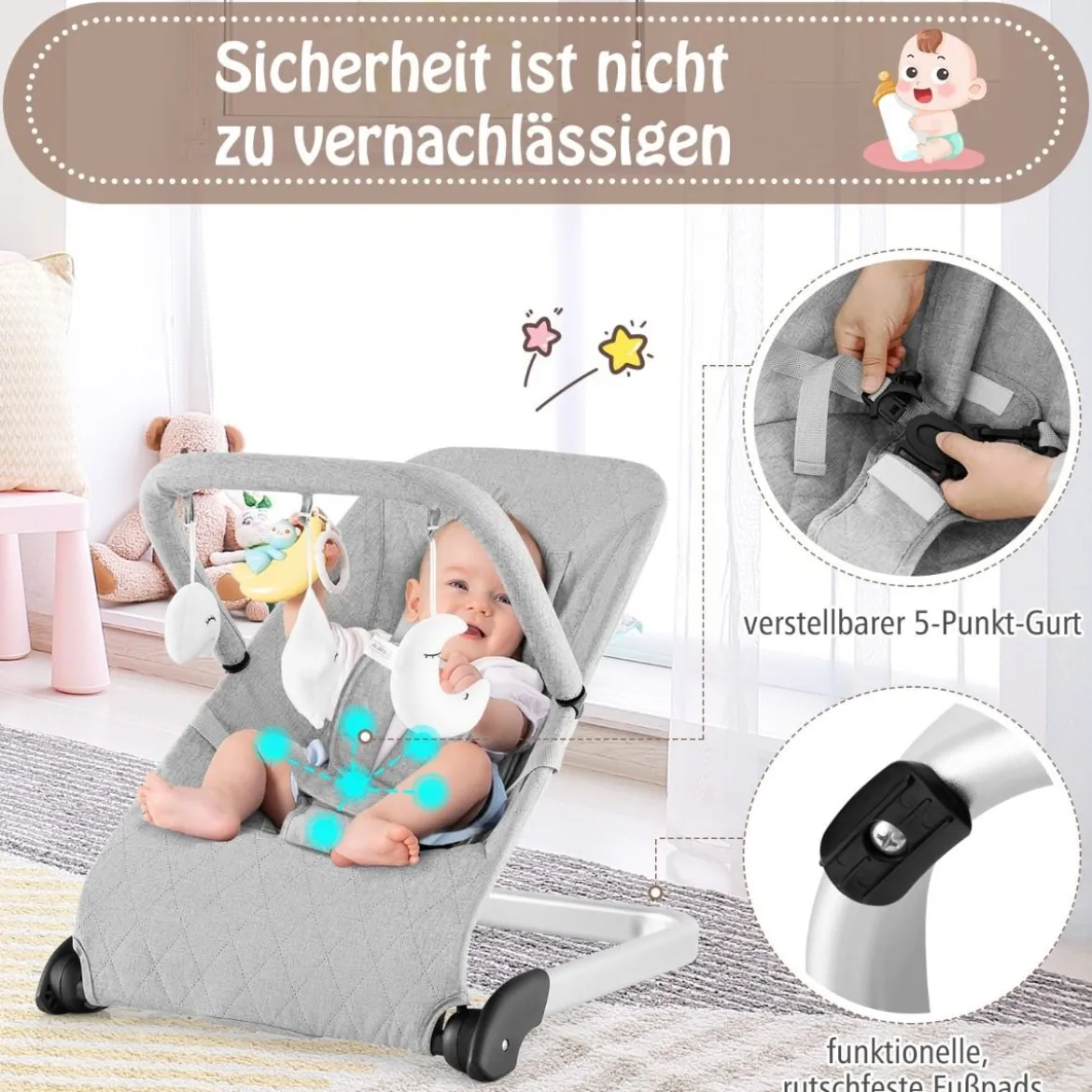Babywippe klappbar Babyschaukel mit 5-Punkt-Sicherheitsgurt tragbarer Wippensitz Grau