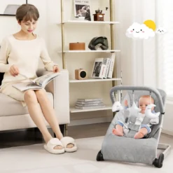 Babywippe klappbar Babyschaukel mit 5-Punkt-Sicherheitsgurt tragbarer Wippensitz Grau