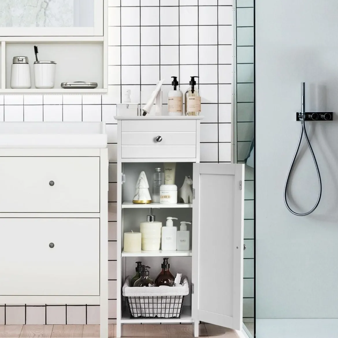 Badezimmer-Bodenschrank Freistehender Schrank mit Schublade Badschrank 35,6 x 30,5 x 88 cm Weiß