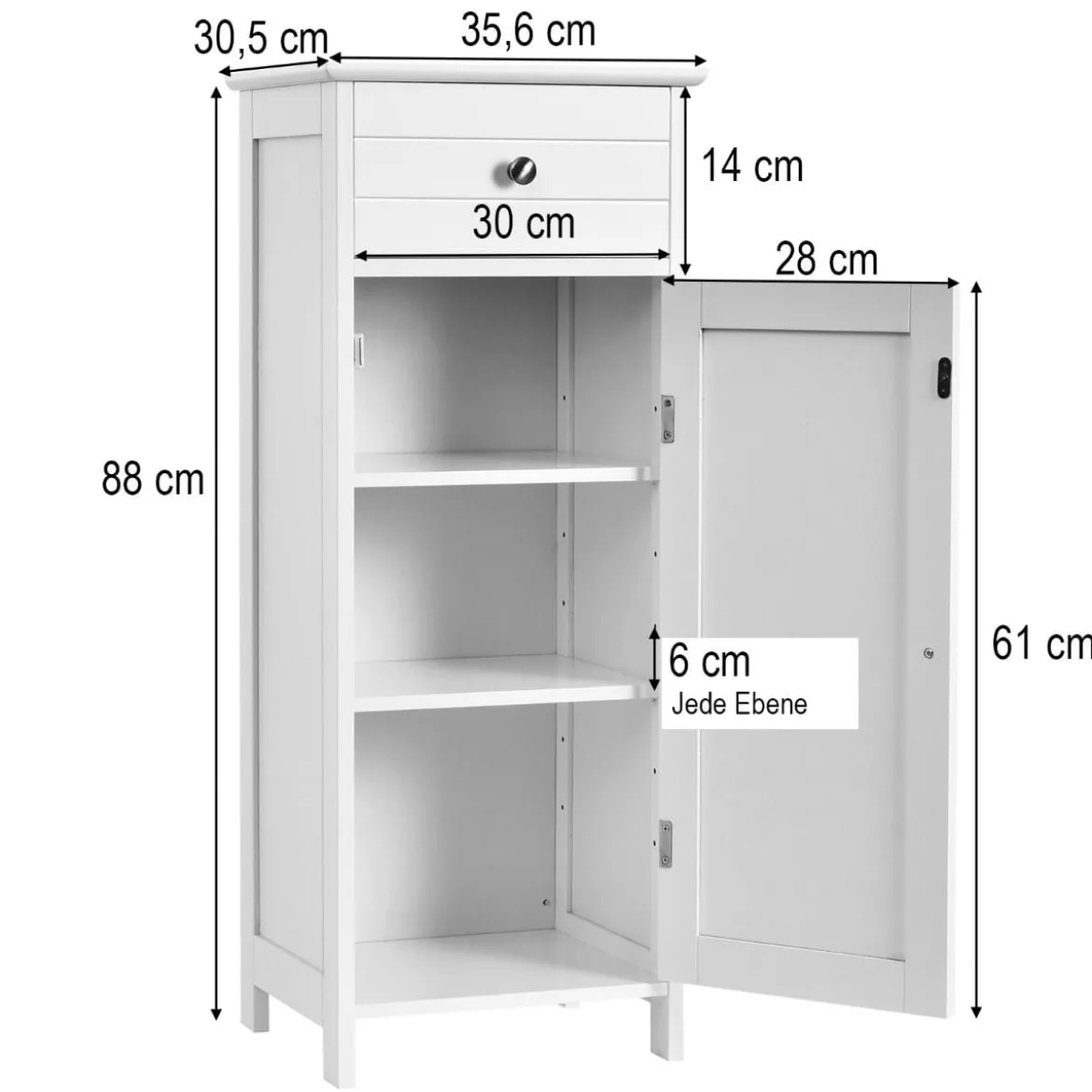 Badezimmer-Bodenschrank Freistehender Schrank mit Schublade Badschrank 35,6 x 30,5 x 88 cm Weiß