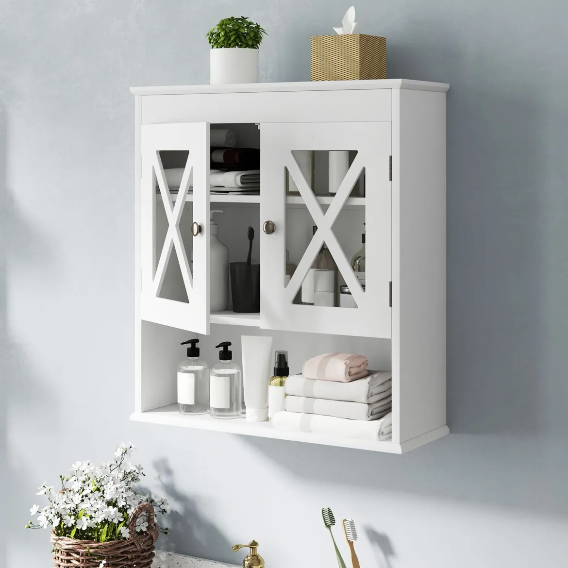 Badezimmer Hängeschrank mit Verstellbares Regal Holz Badezimmerschrank Badschrank Weiß